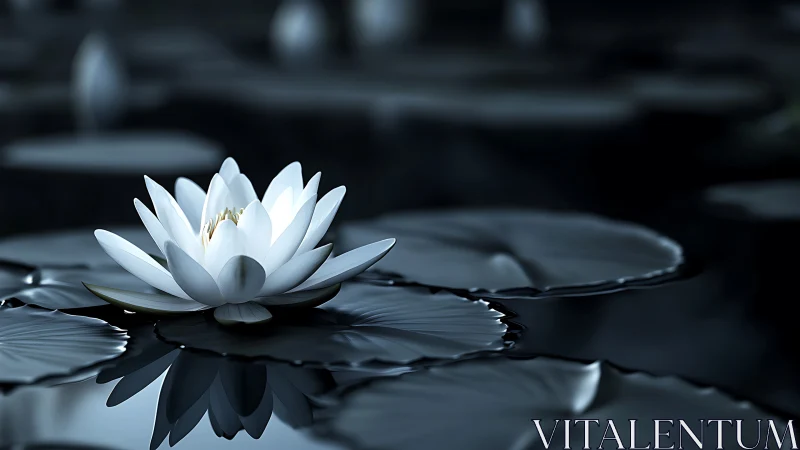 Gentle white water lily opens softly across the dark pond