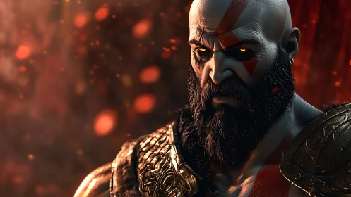 Bearded warrior portrait under burning ember light glow.