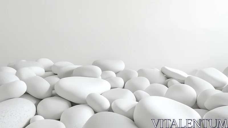 Smooth white pebbles fill foreground against blank wall