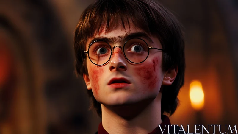 Wide-eyed young wizard stands shocked in warm torchlight