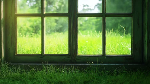 Sunlit grassland shimmers beyond an old green window frame