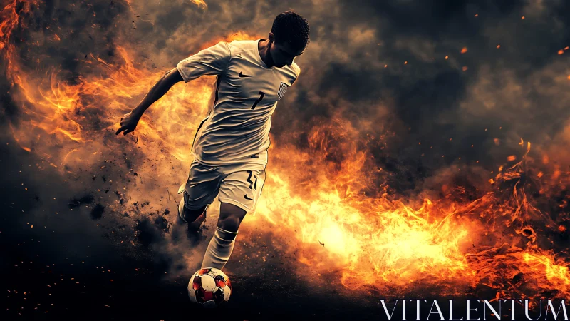 Fire-forged football striker racing through blazing smoke.