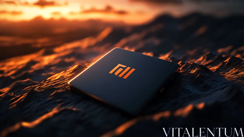 Slim black device lies on textured surface in warm sunset light