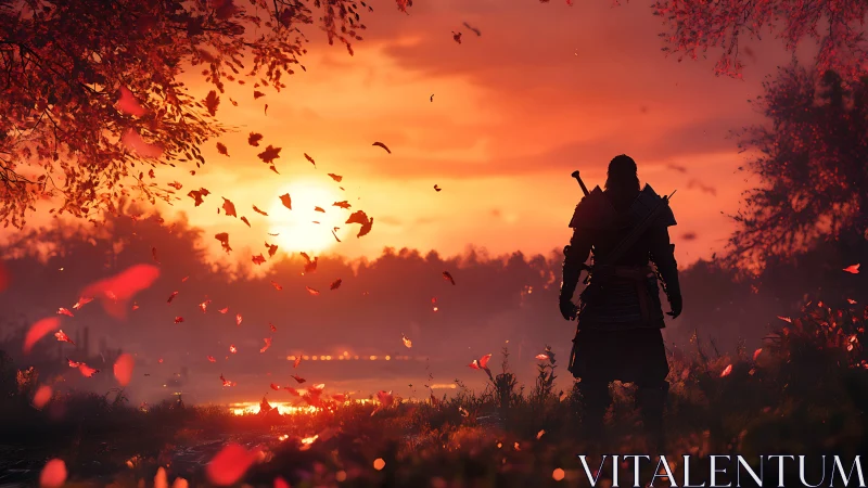 Lone armored warrior faces fiery sunset over quiet lake.