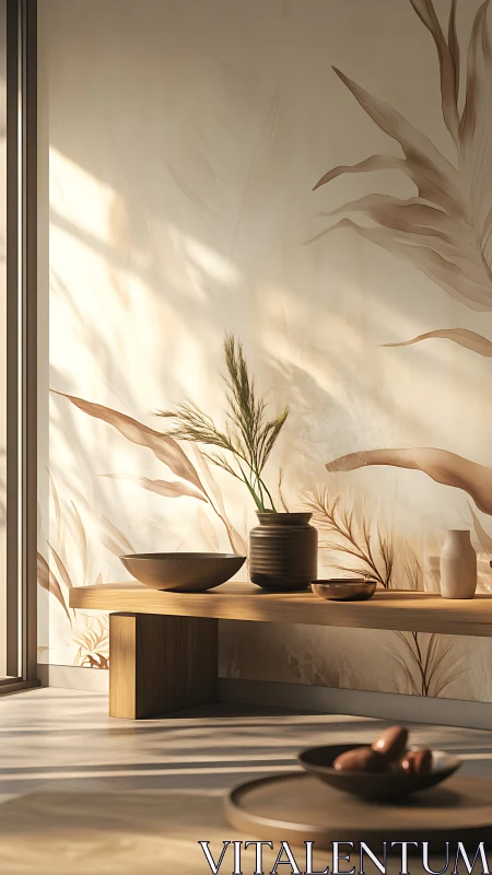 Sunlit minimal zen table beneath whispering leaf mural.