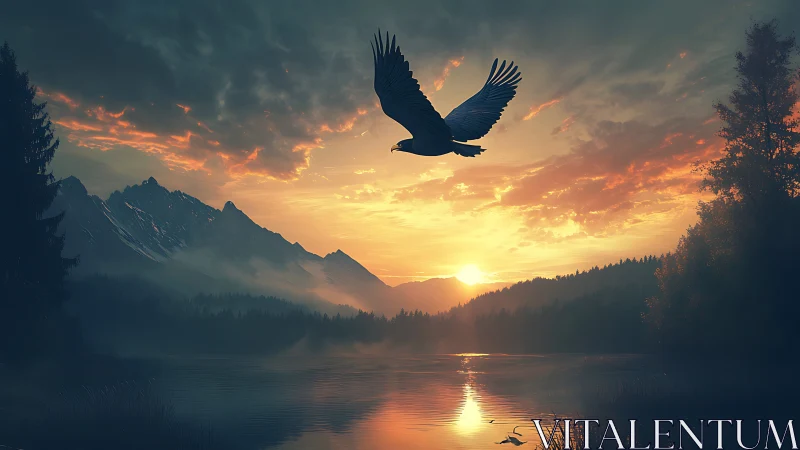 Silhouette eagle flies over misty lake at vivid mountain sunrise