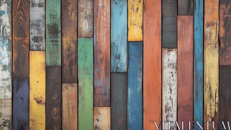 Vertically aligned reclaimed planks show multicolor distressed paint grain