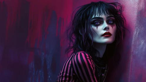 Gothic cyberpunk woman with neon rim lighting and smeared wall