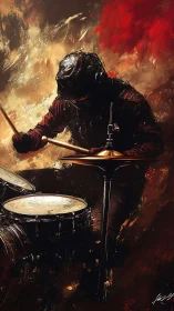 Dynamic drummer rendered in high-contrast, motion-blur brushwork