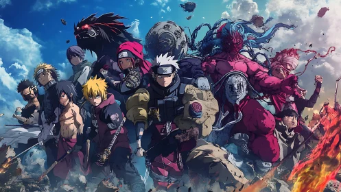 Storm-charged shinobi squad strides through shattered skies