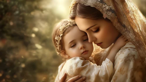 Mother and Child in Garden Setting with Vintage Aesthetic