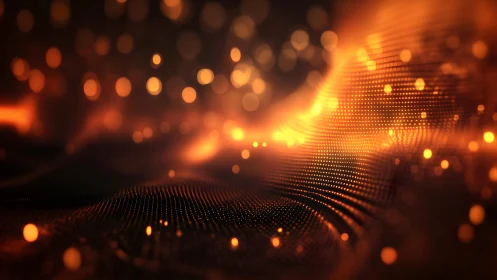 Glowing Abstract Digital Wave With Orange Bokeh Light Effects.