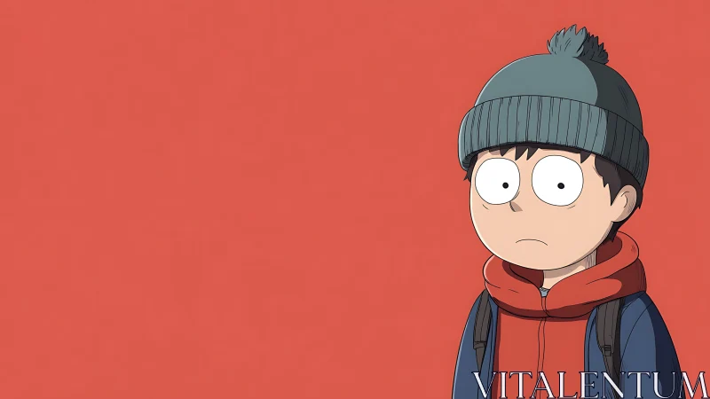 Side-positioned anime boy stands before plain red backdrop