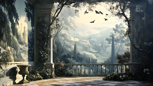 Sunlit balcony opening onto dreamy misty valley vista.