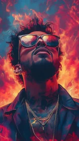 Chromatic portrait amid simulated flame dynamics and glare optics.