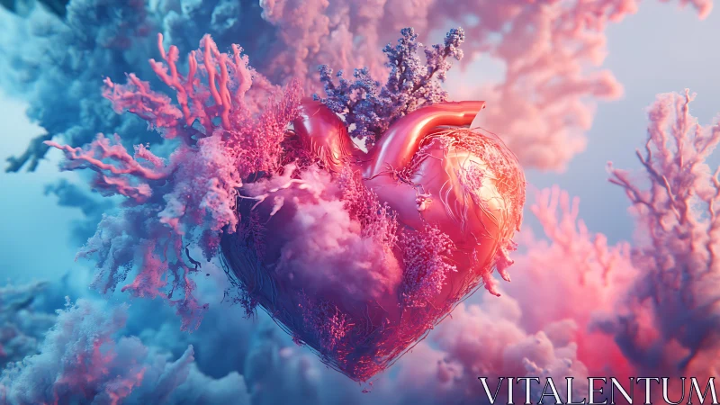 Luminous Heart Suspended in Ethereal Coral Cloud Formation.