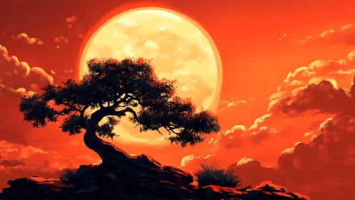Moonlit tree basking in a glowing crimson twilight sky.