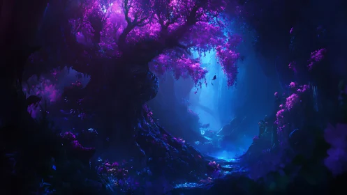 Bioluminescent tree dominates glowing purple forest ravine