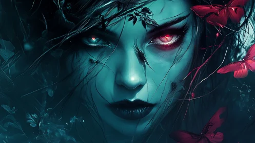 Mythic cyan sorceress portrait with glowing red eyes.