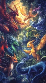 Elemental fox guardians spiral through a glowing forest sky.