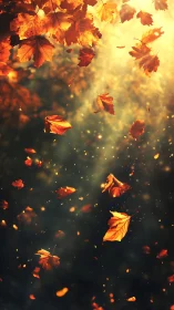 Golden autumn leaves drift through volumetric backlight