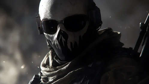 Tactical operator in skull balaclava with headset and carbine