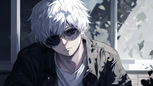 White-haired anime teen in sunglasses sits in moody light.