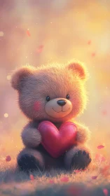 Digital painting of plush bear with heart in soft bokeh light.