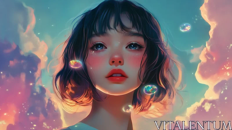 Dreamlit girl ascends through cotton skies and glassy bubbles