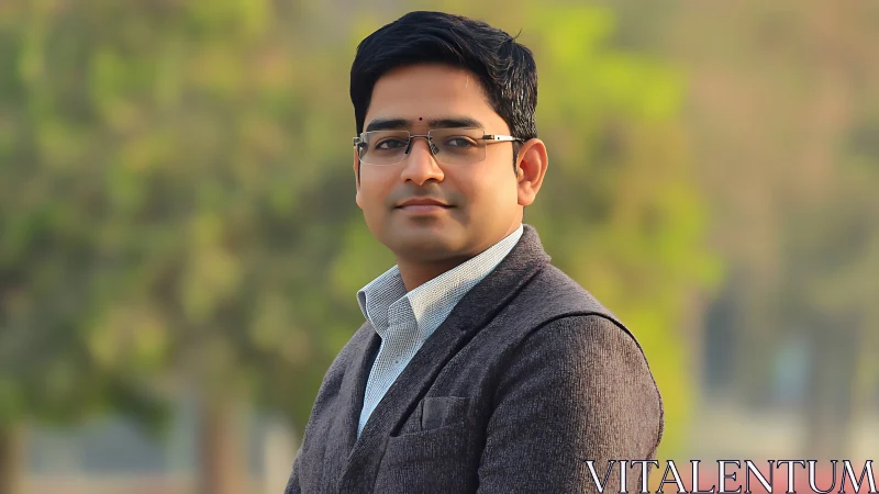 Outdoor portrait of confident professional in soft focus park.