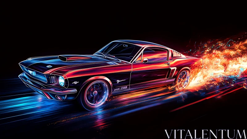 Neon muscle car blazing through a streaked night highway.