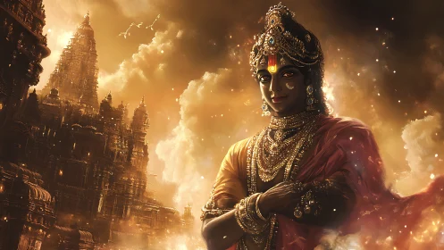 Radiant deity in golden temple sky invites quiet wonder.