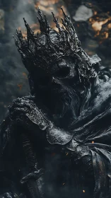 Shadowed skeletal king waits in smoldering, haunted gloom