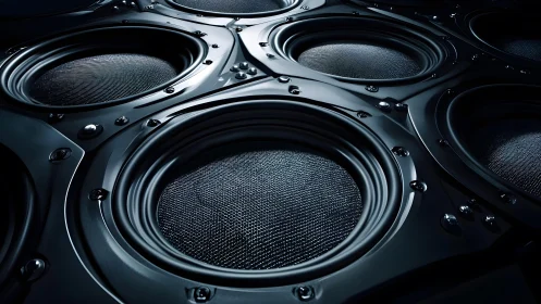 Close-up of Multiple Black Subwoofers in Dramatic Lighting.