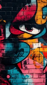 Street mural eye framed in vivid teal, magenta, ochre blocks.