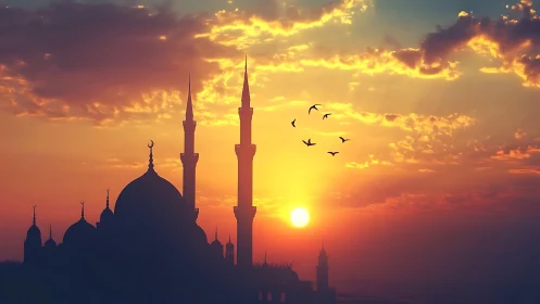 Mosque silhouette with minarets under vivid sunset sky.