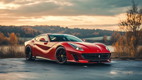 Red sports coupe parked on wet road at autumn sunset.