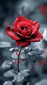 Crimson Rose with Dew Drops on Blurred Gray Background