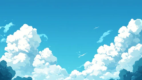 Layered cumulus clouds under clear blue digital sky.