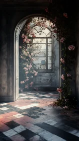 Interior archway with roses and tiled floor in soft light.
