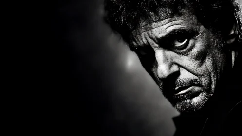 Moody monochrome close up of older man in shadowed light.