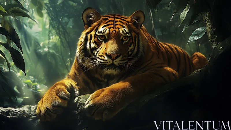 Low-key lit tiger resting on mossy log in dense rainforest canopy