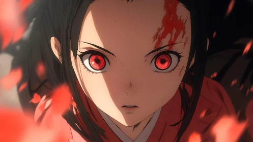Blood-marked anime girl with glowing red eyes in embers.