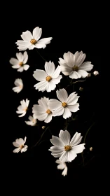 White Cosmos Flowers with Golden Stamens Against Black Background.