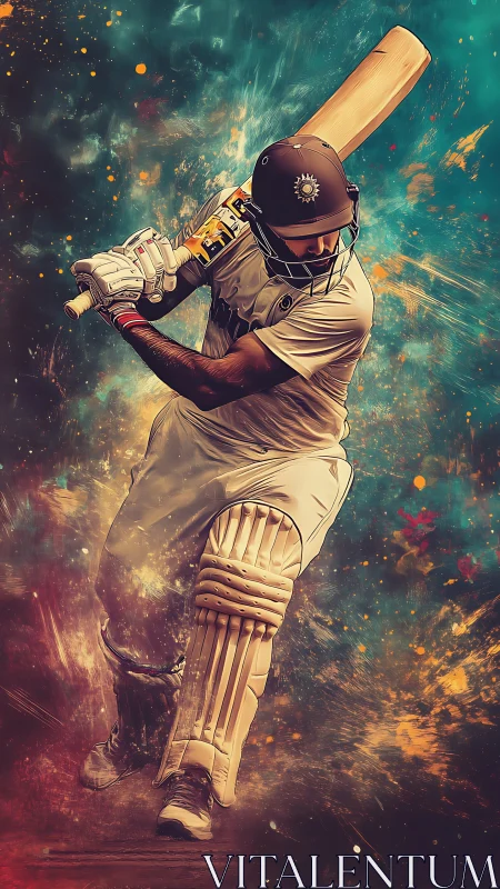 Cricket batter in dynamic swing amid abstract colors.