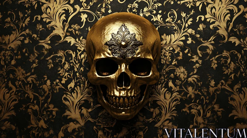 Gilded skull in baroque bloom, grinning at midnight opulence.