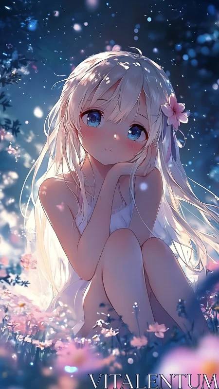 Backlit anime girl rendered with bokeh-rich nocturnal flower field
