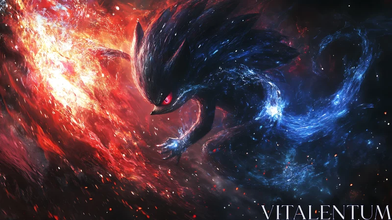 Cosmic fox spirit races through swirling fire and stardust