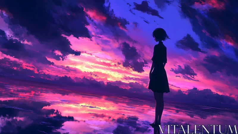 Solitary silhouette beneath blazing violet ocean sky.