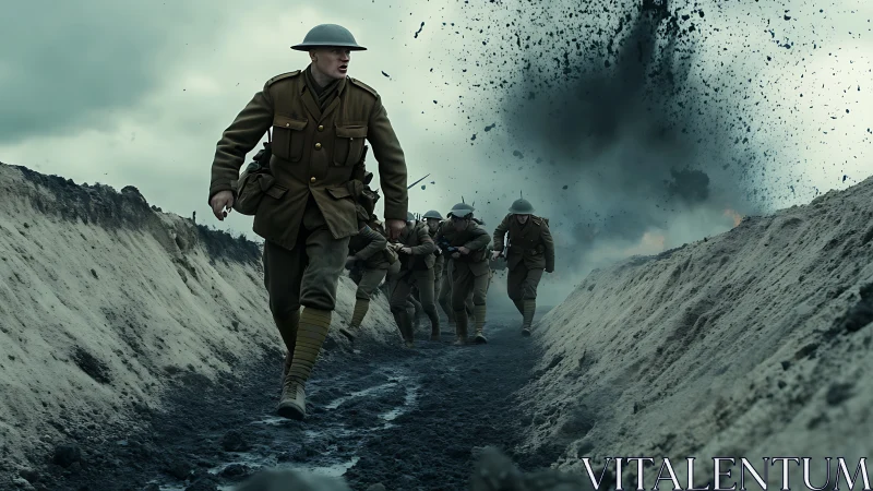 Soldiers race through a blasted trench under heavy bombardment